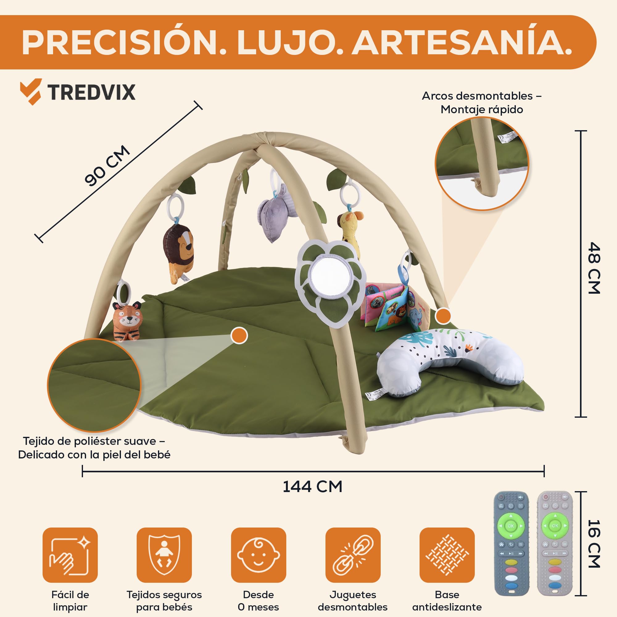 Gimnasio Bebé, Tapete de Actividades y Alfombra de Juegos Acolchada Lavable | Lavable a máquina, arco con 6 juguetes sensoriales desmontables, 2 mordedores, tummy time y uso de 0 a 12 meses