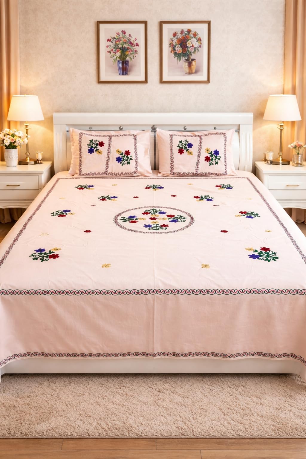 RIDA Creation Floral Embroidered Double Bedsheet with 2 Pillow Covers | Peach Pink Cotton Blend Bedsheet | Handmade Flower Embroidery Design | Soft & Comfortable Double Bed Sheet Set (240 x 220 cm)-image-12