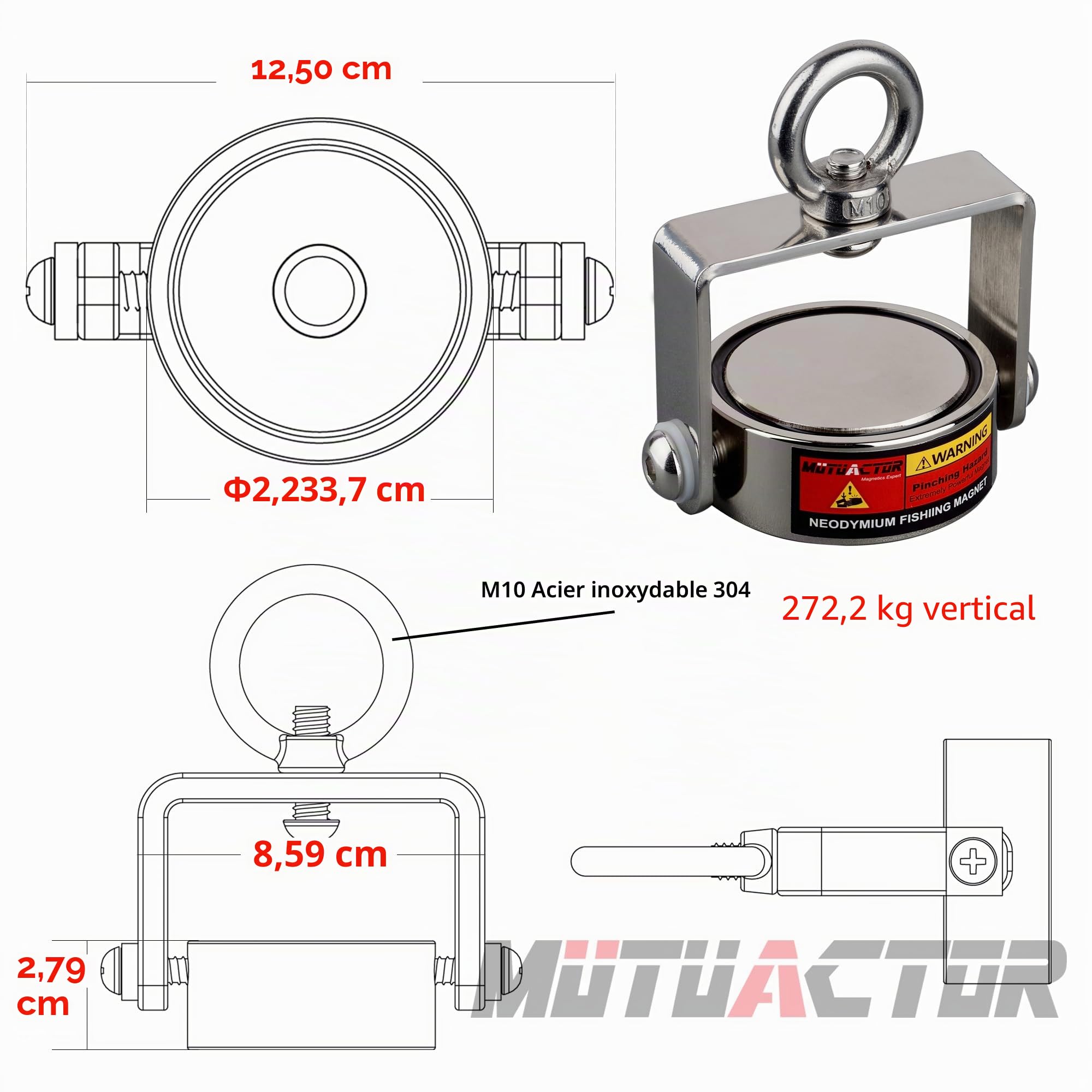 Aimant de pêche magnétique double face à 360° - Type de combinaison - Force de traction magnétique de 600 kg - Aimant puissant en néodyme N52 - Aimants puissants pour la chasse au trésor dans les