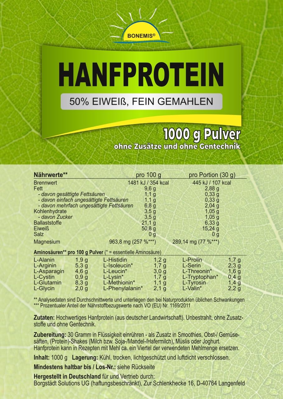 Hanfprotein (50% Eiweiß, 18 Aminosäuren + Magnesium, vegane Premiumqualität), 3x 1kg Beutel, ohne Zusatzstoffe, aus deutscher Landwirtschaft, Bonemis®
