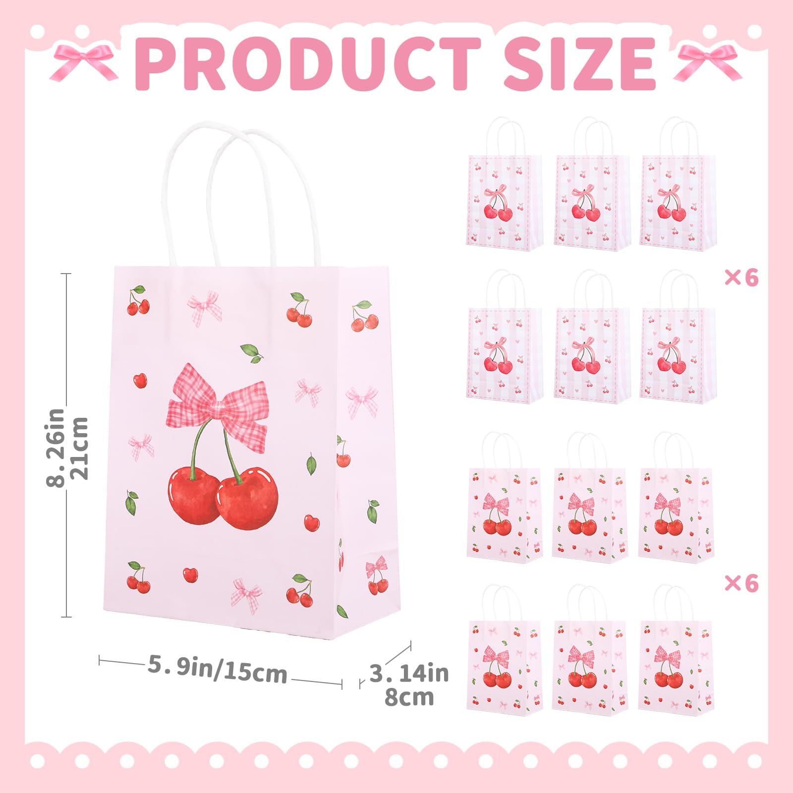 12pcs Pink Bow Gifts Bag for Women Party Favor Pouch Cherry Themed, Coquette Bow Goodie Paper Pocket with Handles, Wedding Gifts Bag Bridal Shower Birthday Party Decoration Supplies Baby Shower