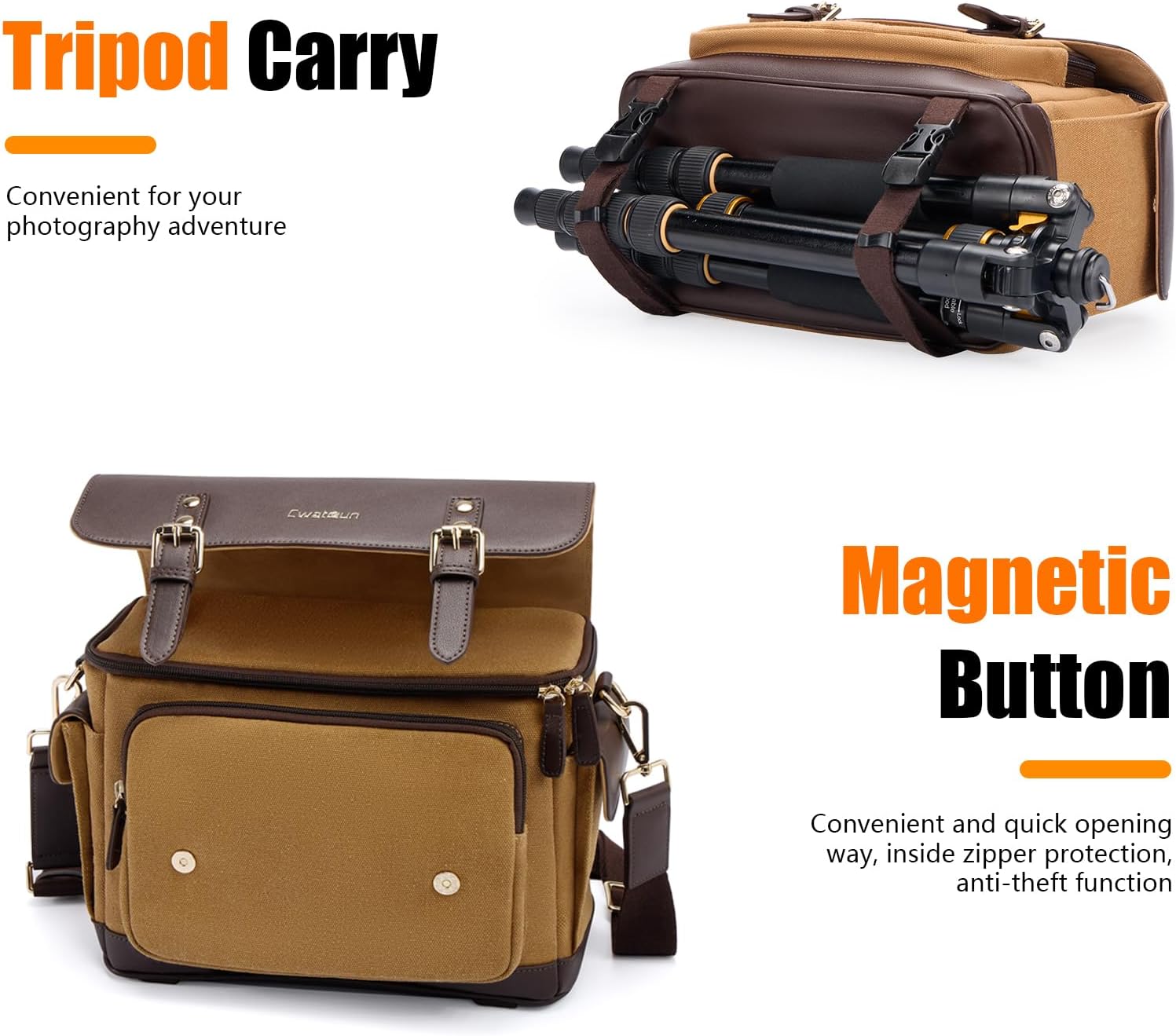 Cwatcun Camera Shoulder Bag, Vintage Leather Flap Camera Crossbody Messenger Bag, DSLR/SLR/Mirrorless Photography Bag with Tripod Holder, Camera Case Compatible with Canon/Nikon/Sony Camera and Lens