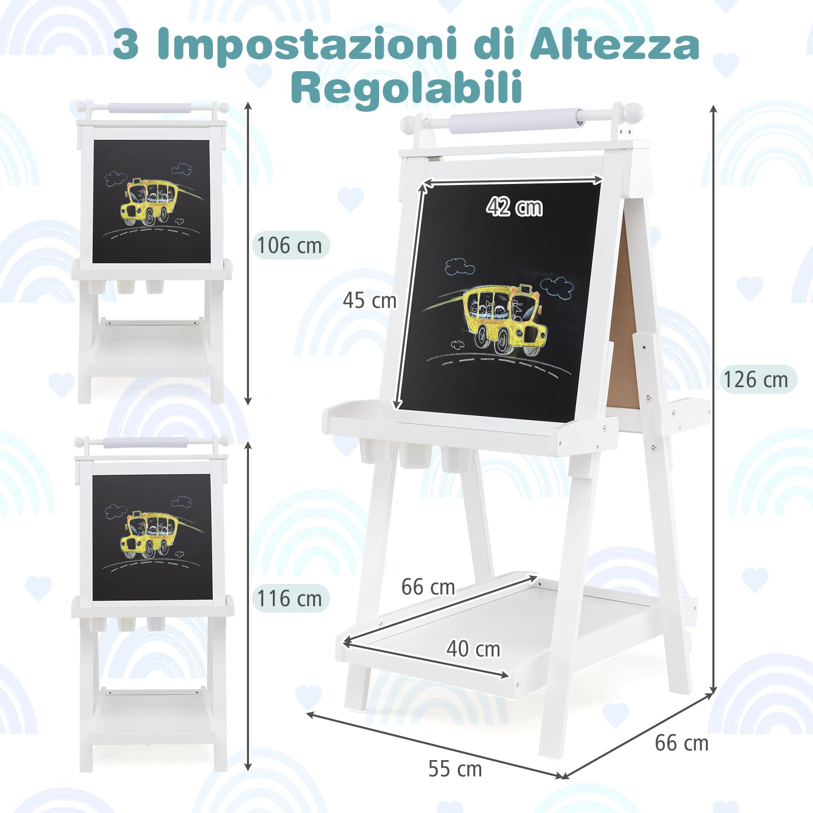 RELAX4LIFE 3 in 1 Cavalletto per Bambini Pieghevole in Legno, Altezza Regolabile, Lavagna Magnetica con Lavagna Bifacciale, con Rotolo di Carta, Vassoio e Accessori, 3+ Anni, 55x66x106-126cm (Bianco)