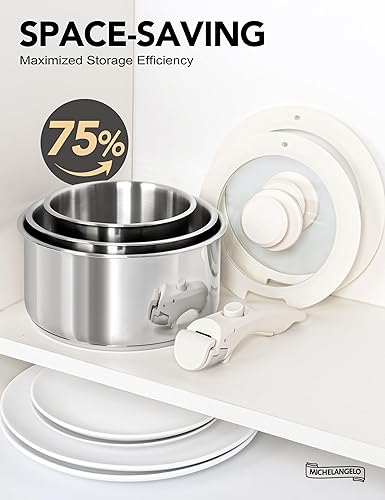 Miniatura 4 de MICHELANGELO Juego de 6 ollas de acero inoxidable con mango extraíble, cacerola de acero inoxidable de base triple con tapas, juego de cacerolas de