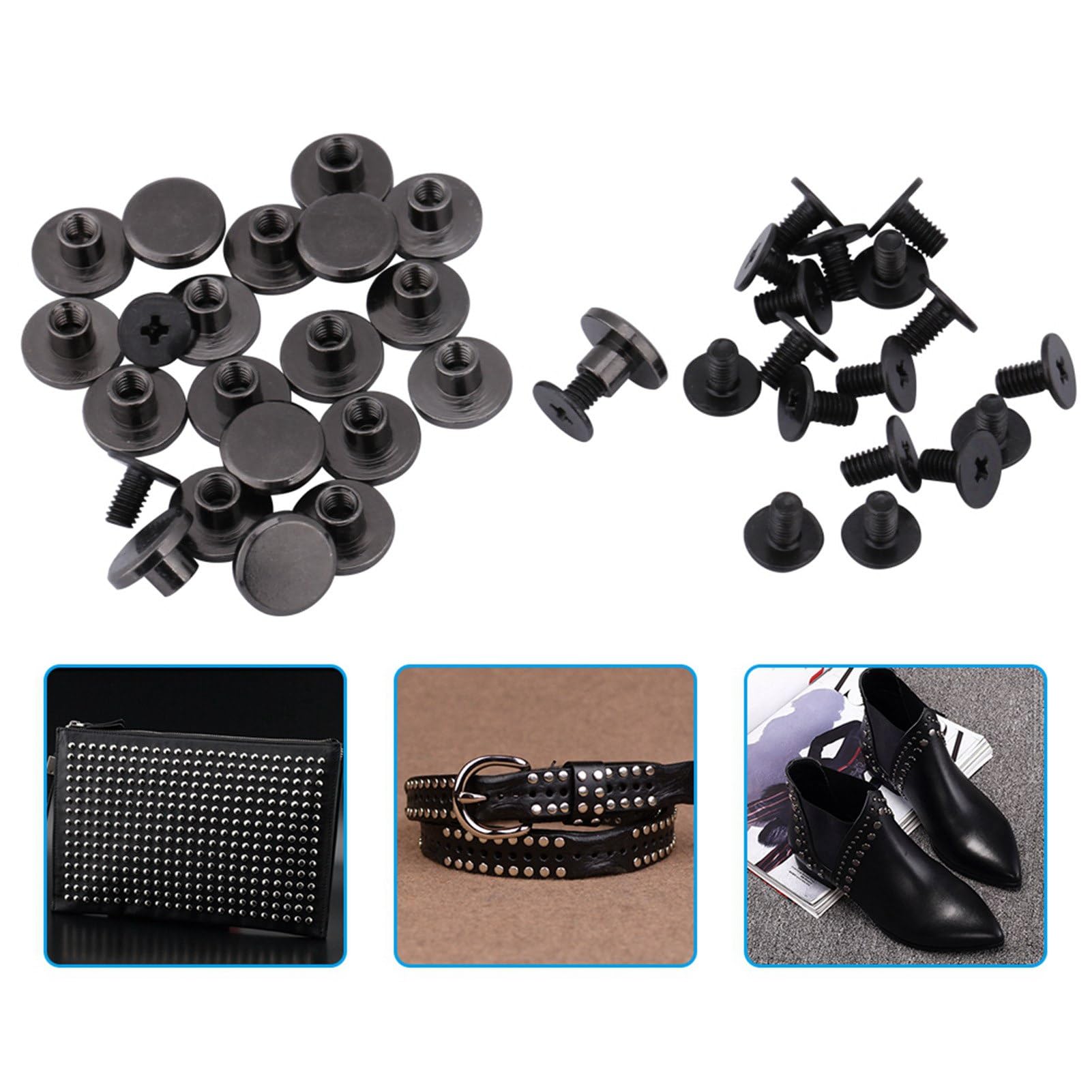 Pwshymi Brass Flat Head Belt Strap Rivets Screw Electroplated Black 20sets 5mm 8mm with Smooth Surface, for Bags, Shoes, Hats (5mm)