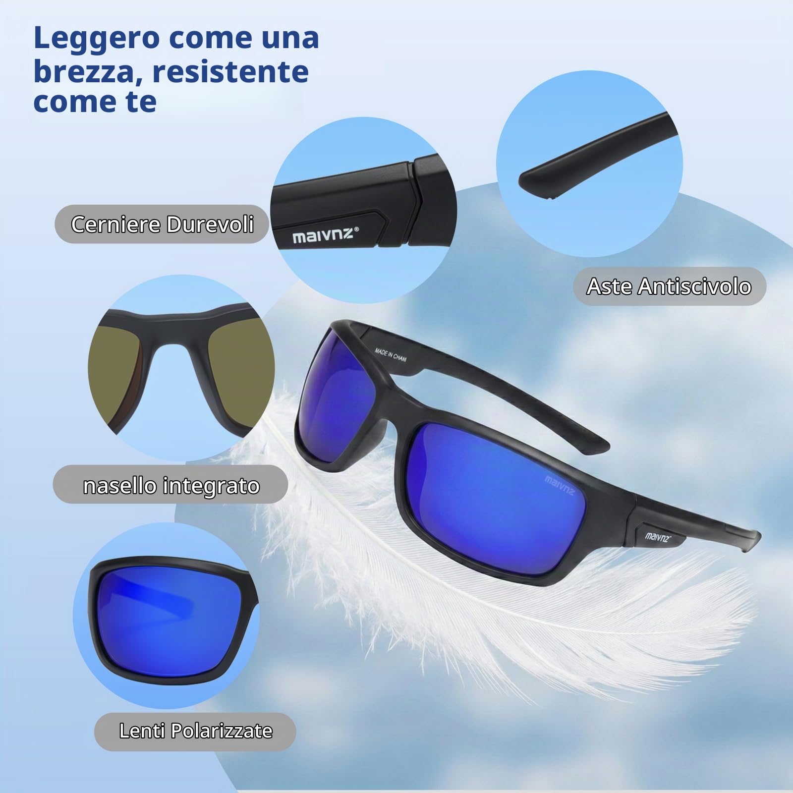 maivnz Occhiali da sole polarizzati per uomo, pesca, galleggianti, leggeri, protezione UV, kayak, surf, sport acquatici, Montatura Nera Blu Revo, conventional