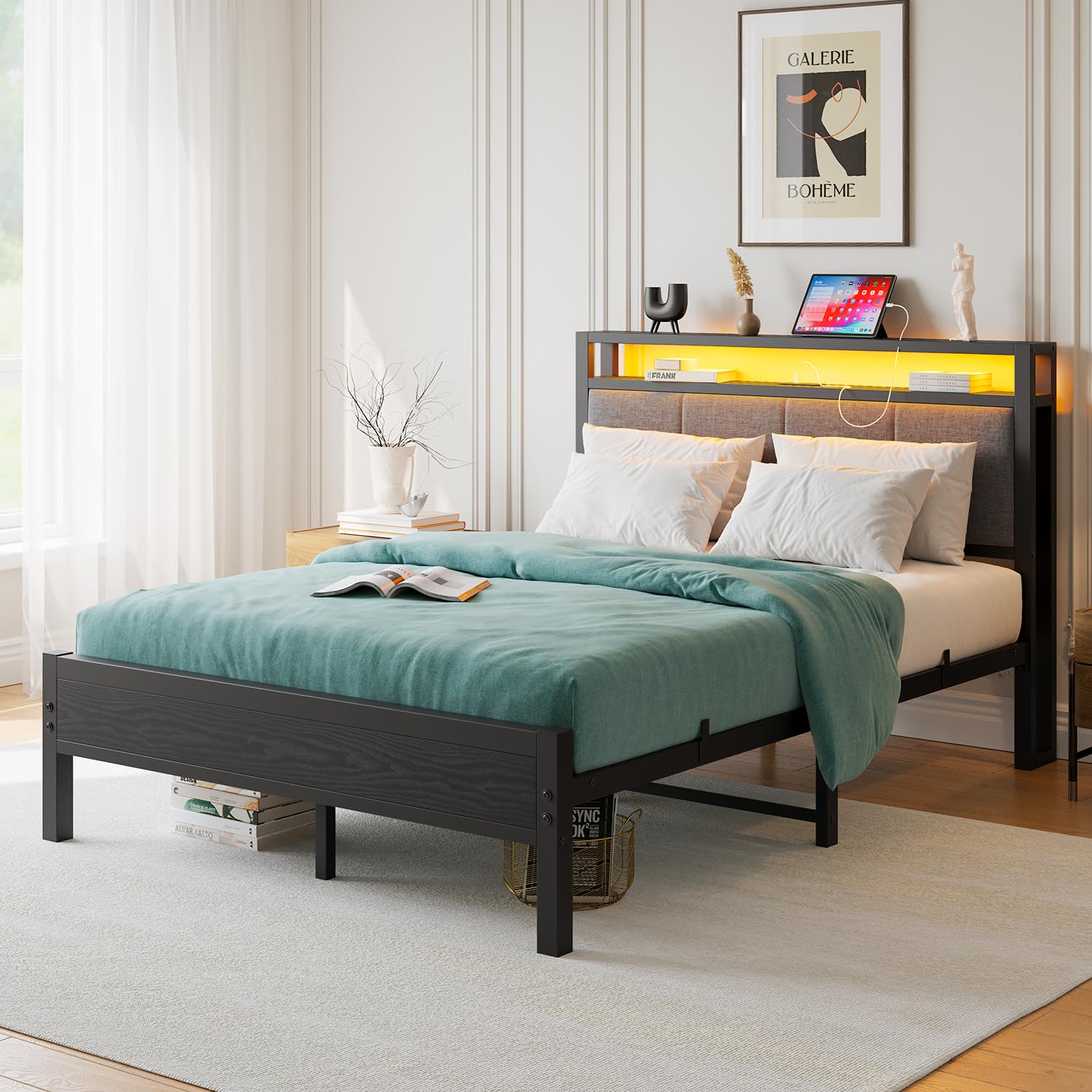 FOUBAM 4FT6 Double Bed Frame with LED Lights and Charging Station, Heavy Duty Metal Platform Upholstered Bed frame with Storage Fabric Headboard,Metal Slats Support,Mattress Foundation (Black) — image 1