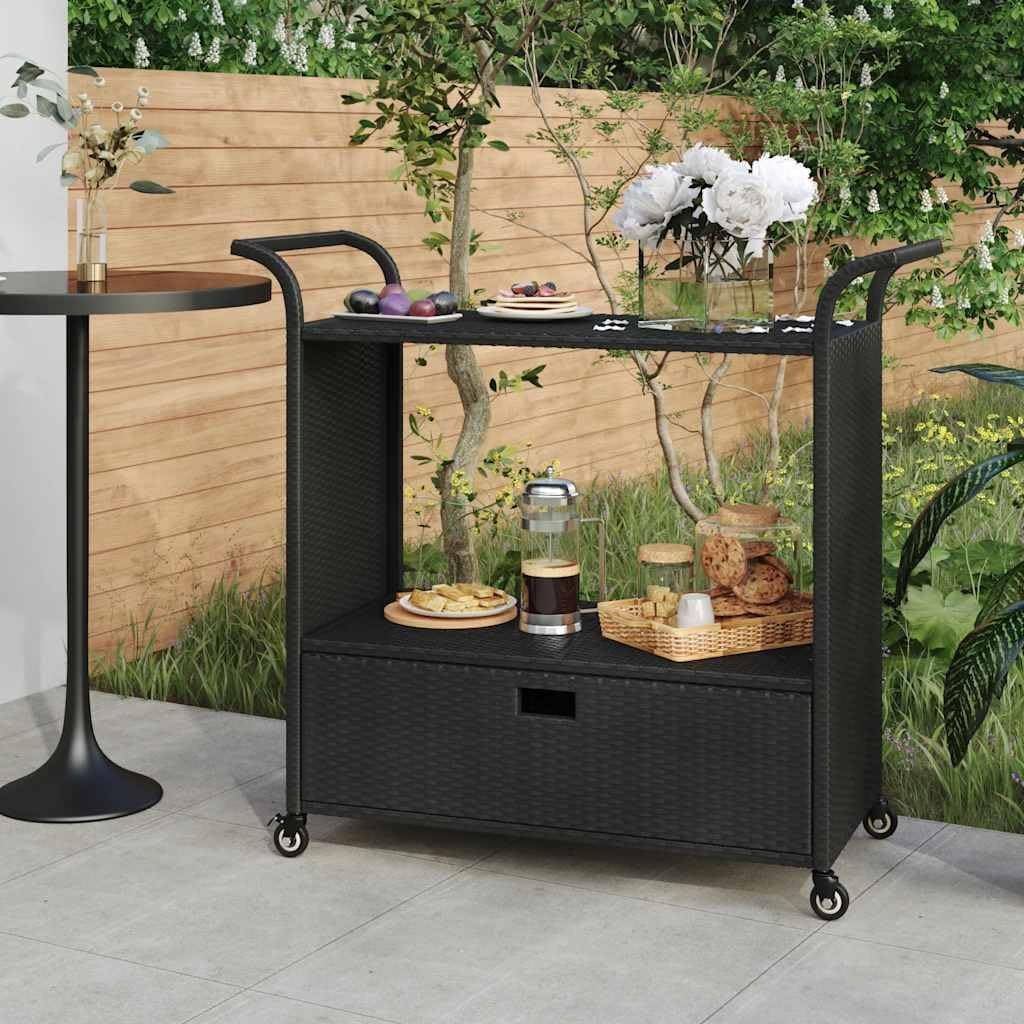 Bar Cart with Drawer Black Poly Rattan Durable Serving Cart Kitchen Storage Cart Rolling Kitchen Island Kitchen Utility Cart 39.4"x17.7"x38.2" Mobile Cart for Dining