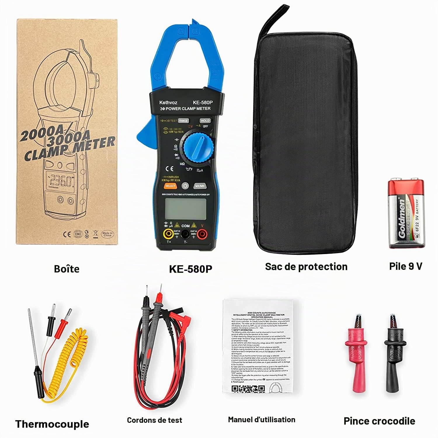 Kethvoz Multimetre Pince Amperemetre Triphasé, 1000A Amperemetrique 9999 points Testeur Electrique Mesure AC DC Courant Tension Ohm Test Facteur Puissance Angle Phase 580P