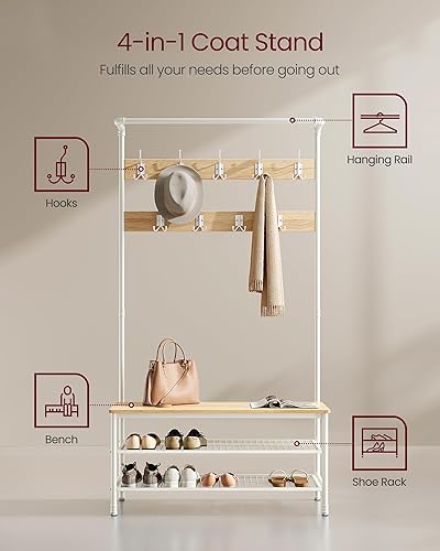 Miniatura 3 de VASAGLE Perchero, árbol de pasillo con banco de almacenamiento de zapatos para entrada, con 9 ganchos, un zapatero, una barra para colgar, 16.3 x