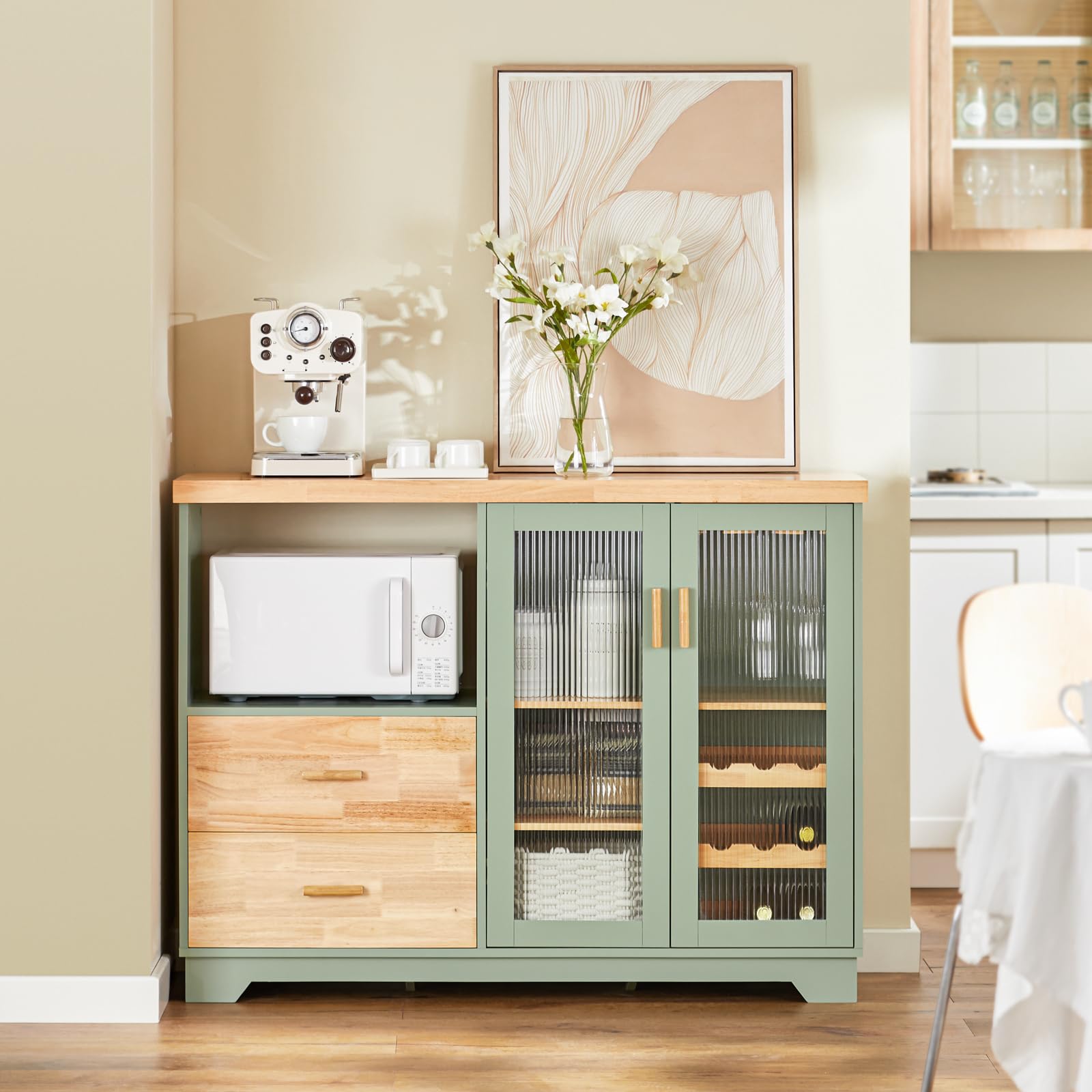 SoBuy Credenza Cucina Moderna 120 cm con Ripiano per Microonde e Portabottiglie - Mobiletto da Cucina con Ante in Vetro - Mobile Salvaspazio per Sala da Pranzo o Ingresso 120x90x40cm Verde FSB81-GR