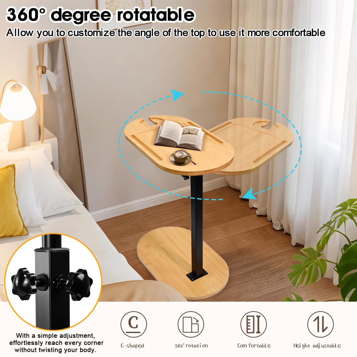 Tavolino Laterale a Forma di C Regolabile in Altezza 40-80cm,Tavolino Laterale da Divano Girevole a 360° per Soggiorno, Bagno o Camera da Letto (40 cm x 22 cm)