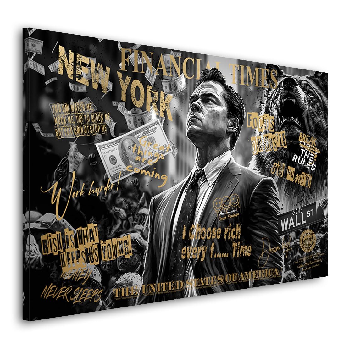 Kunstgestalten24 | Leonardo Wolf of Wallstreet Pop Art Wandbild | Leinwand-Bild mit Echtholz-Keilrahmen | Gemälde Kunst Art | Hochwertige Kunstdrucke | XXL Bilder | 120x80cm mit 4cm Rahmentiefe
