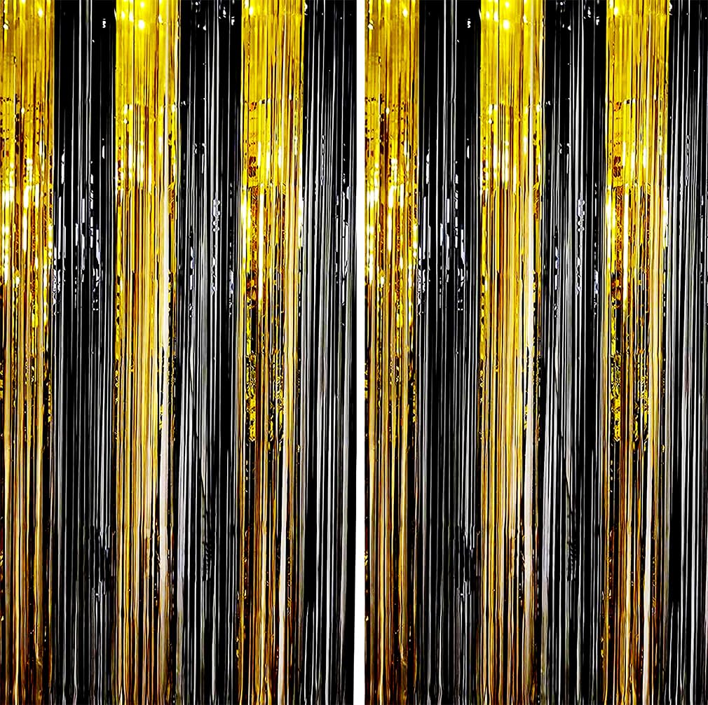 Photo 1 of Bcbast 2 Pack 3.3 ft x 6.6 ft Gold and Black Metallic Foil Curtaion for Party Decorations Rain Curtains Background for Single Party Decoration(Black Gold)