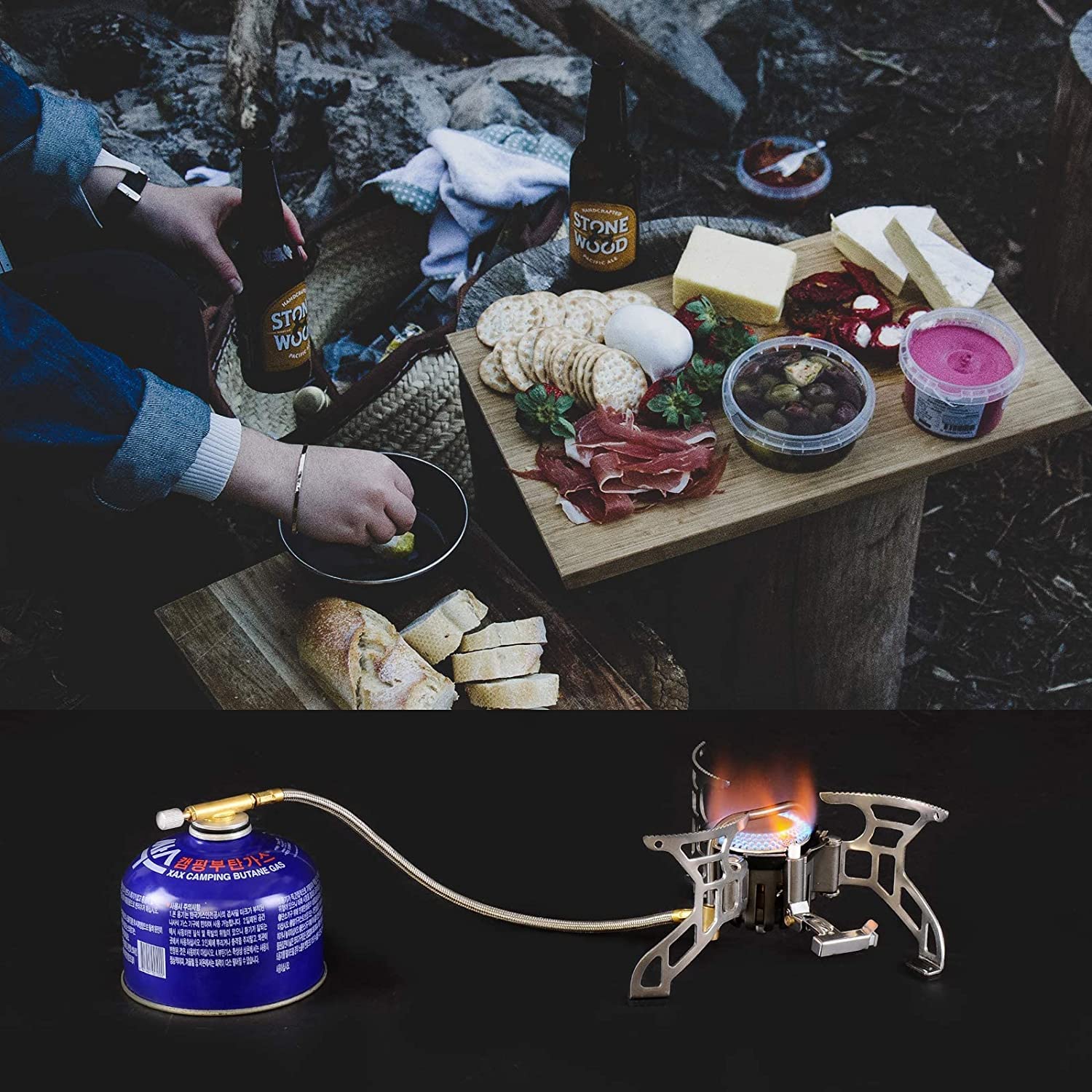 Bulin Réchaud Camping Portable avec Pare-Vent et Allumage Piézoélectrique | Réchaud Gaz INOX Robuste avec Tuyau de Préchauffage et Adaptateur, pour Camping, Randonnée, Trekking et Pique-Nique