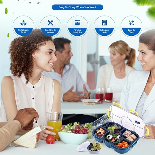Miniatura 5 de Tarlini - Caja Bento azul para adultos, contenedor de 5 compartimentos con separadores para comidas equilibradas, caja Bento japonesa segura para