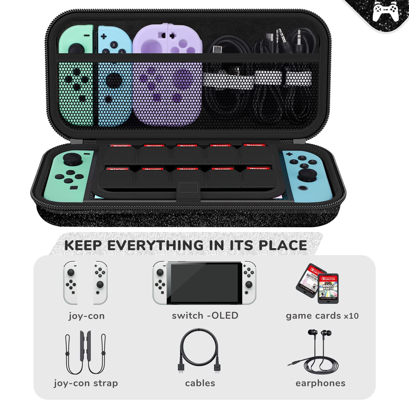 homicozy Glitter Carrying Case Compatible with Nintendo Switch OLED & Switch Console, Protective Hard Travel Case Shell Pouch for Nintendo Switch Console/Accessories,Switch Gaming Cases for Girls: Black