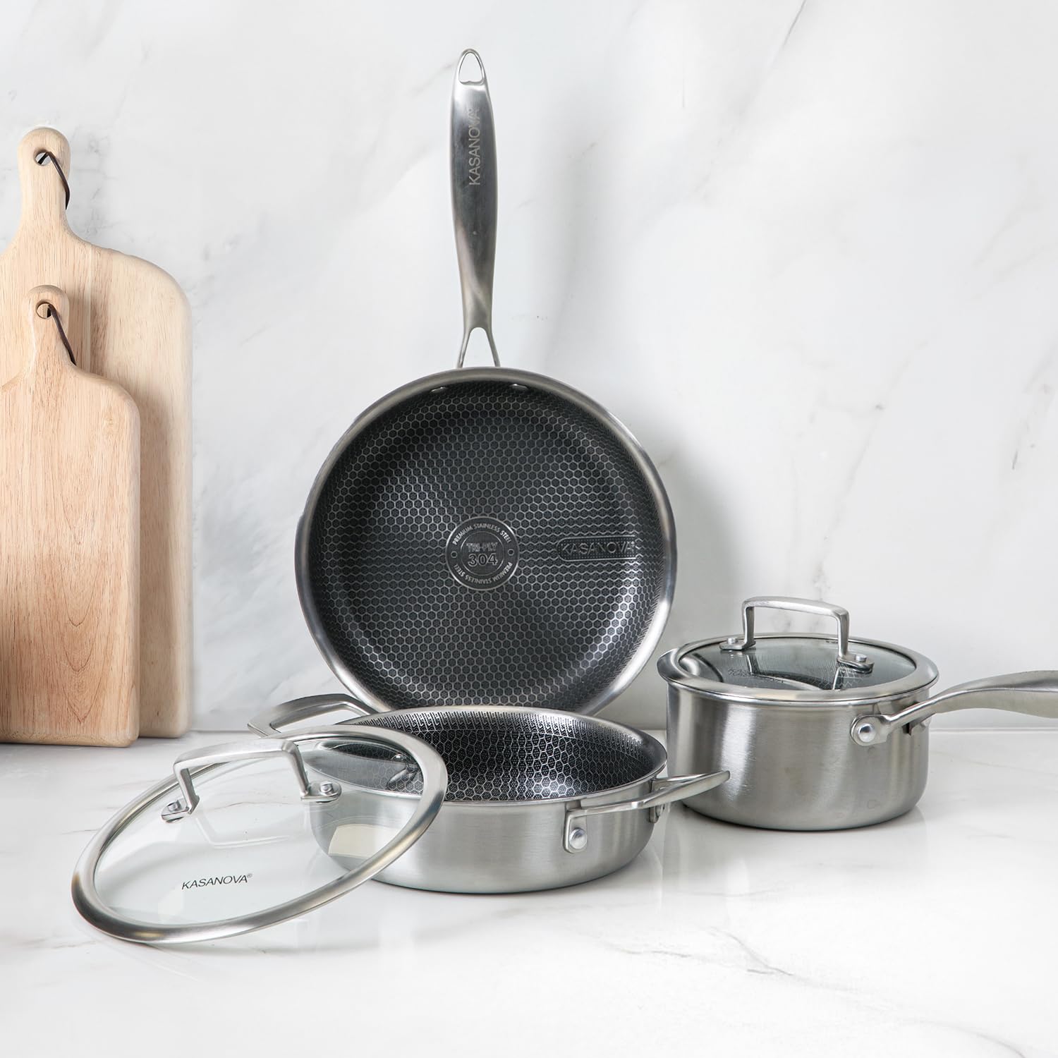 KASANOVA Batterie de cuisine Tri-ply, Ensemble de casseroles et poêles en acier inoxydable à trois couches, Casseroles antiadhésives compatibles avec tous types de plaques de cuisson (5 pièces)