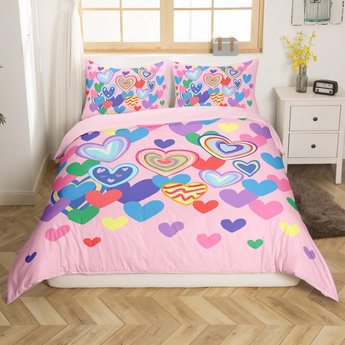 Colorful Hearts Toddler Duvet Cover 2 Pcs,Cartoon Lovely Heart Graffiti Decor Bedding Sets for Kids Girls Teens,Romantic Style Valentine's Day Theme Quilt Cover with 1 Pillowcase,No Comforter