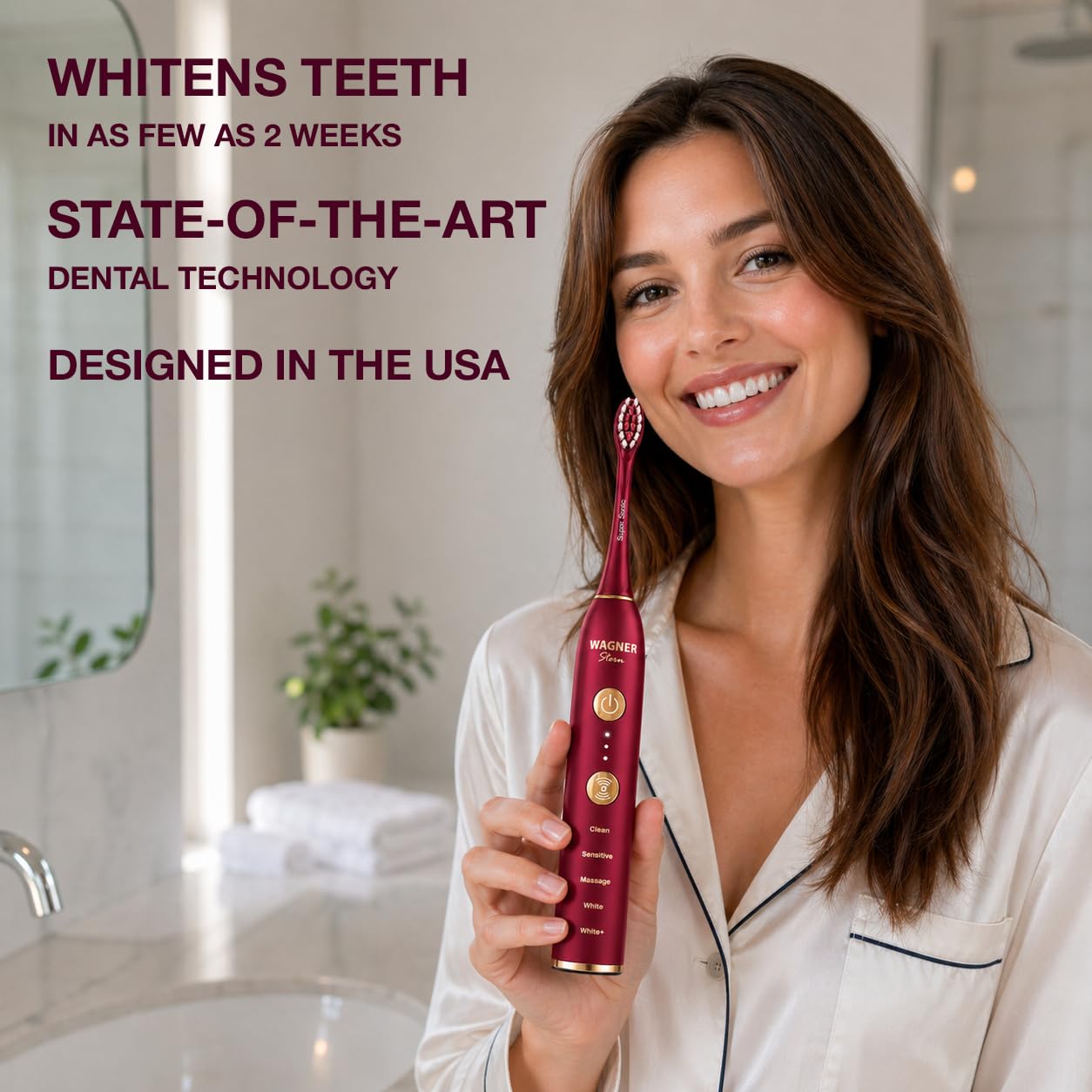 Wagner & Stern WHITEN+ Edition. Cepillo de dientes eléctrico inteligente con sensor de presión. 5 modos de cepillado y 3 niveles de intensidad, 8 cerdas Dupont, estuche de viaje premium.