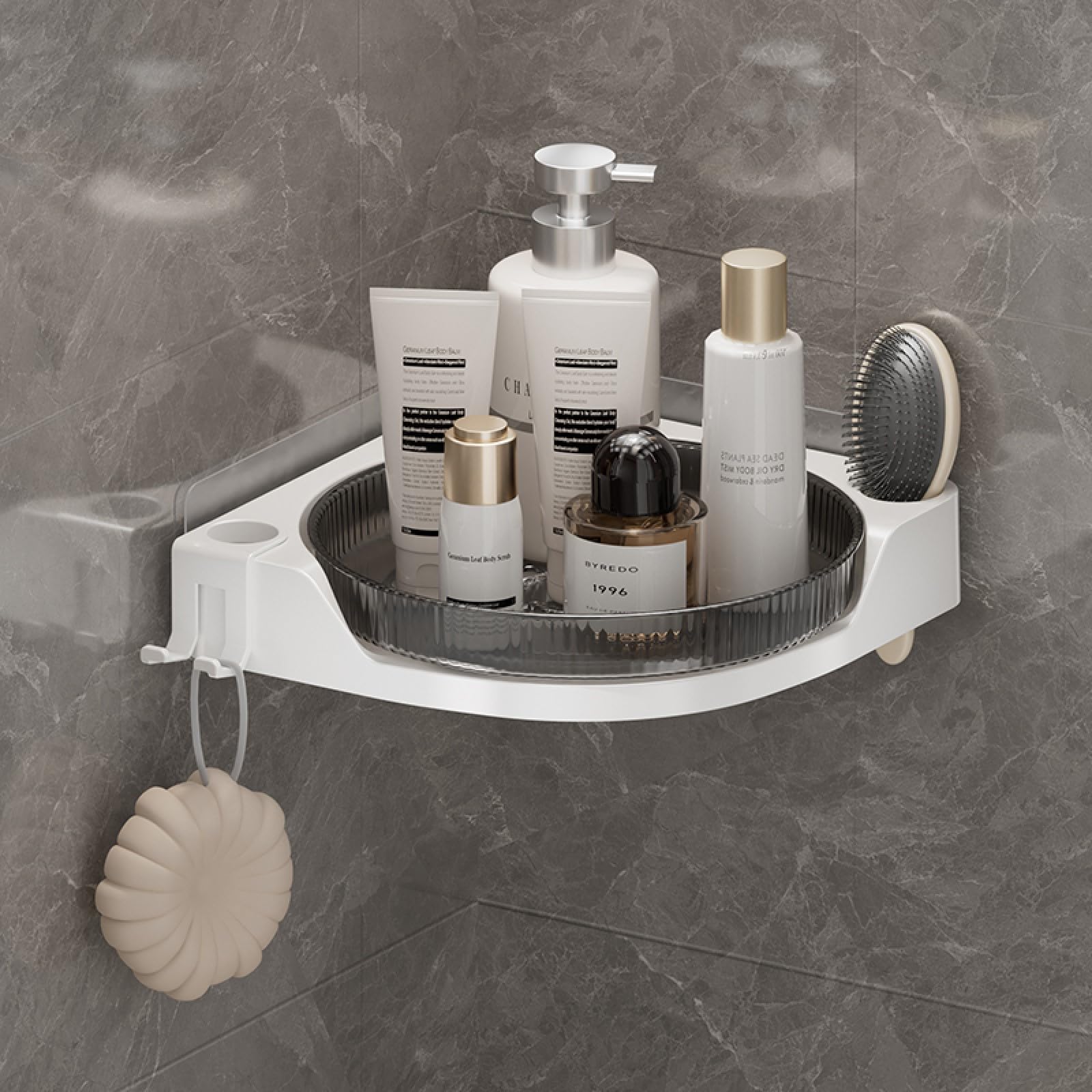 360 Rotating Makeup Organizer Spinning Bathroom Organizer 1 Pack Corner Storage Organizer with Hooks for Perfume Lotion Skincare