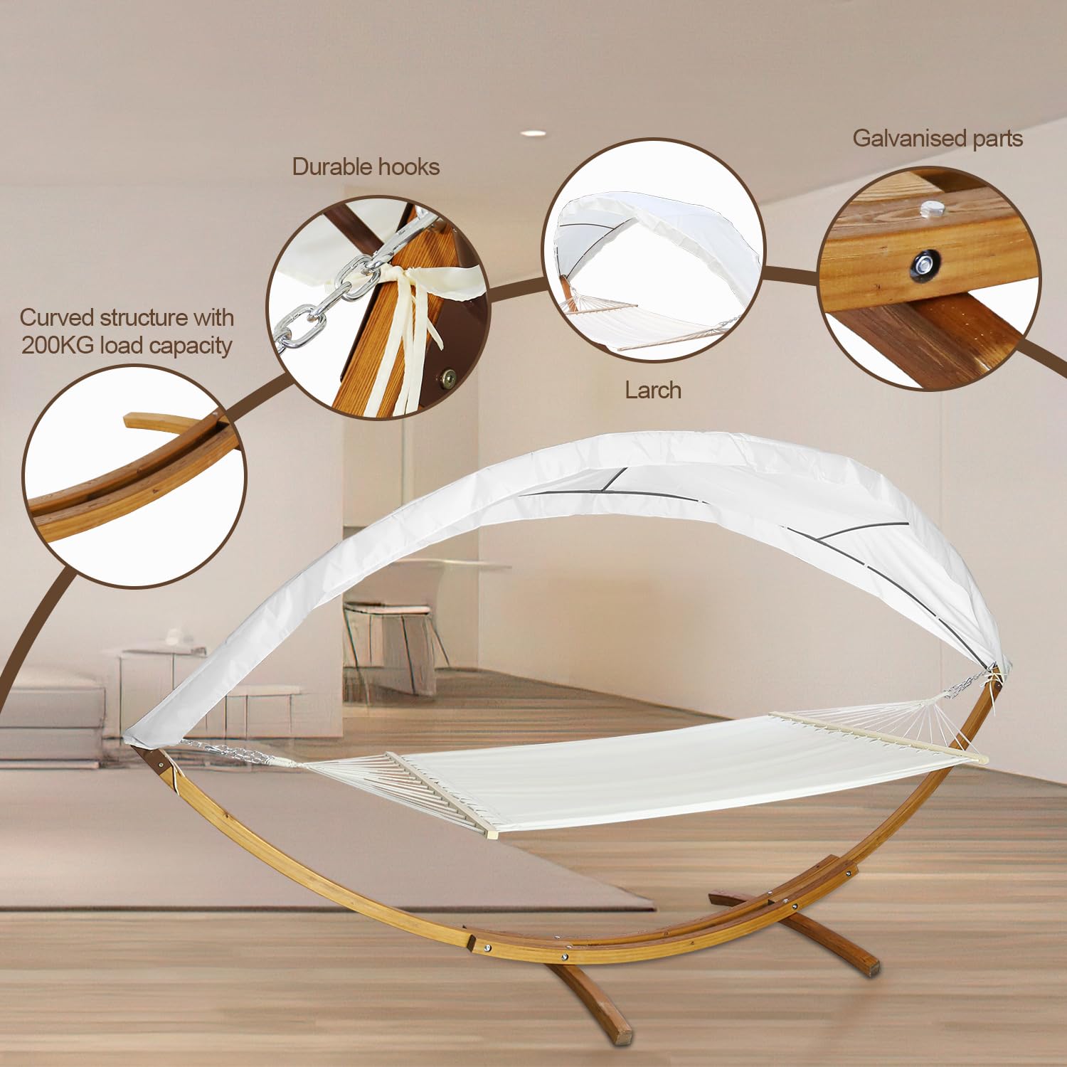 Hängematte mit Gestell und Sonnendach, Hammock aus wetterfestem Lärchenholz, bis 200kg, Stabhängematte für 2 Personen Outdoor und Indoor