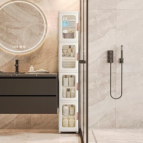 Miniatura 2 de Armario de almacenamiento estrecho con puertas y estantes, armario de cocina alto y delgado para baño con estante ajustable, organizador de papel