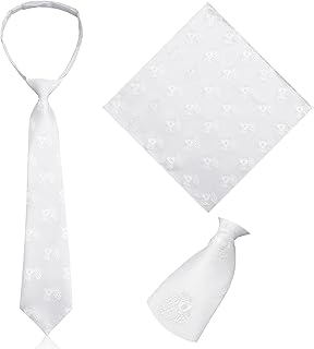 2 Pcs Boys First Communion Tie and Hanky Set, 1st Communion Satin Necktie Embroidered with the Chalice, Folded Handkerchief Brocade Tie for 1st Communion Gift, Baptism, Confirmation(White)