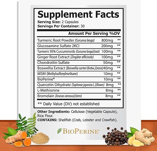 Miniatura 4 de Soporte articular de curcumina de cúrcuma y mezcla de defensa inmune 7 en 1 con bioperina, jengibre, glucosamina, condroitina, MSM, boswellia,