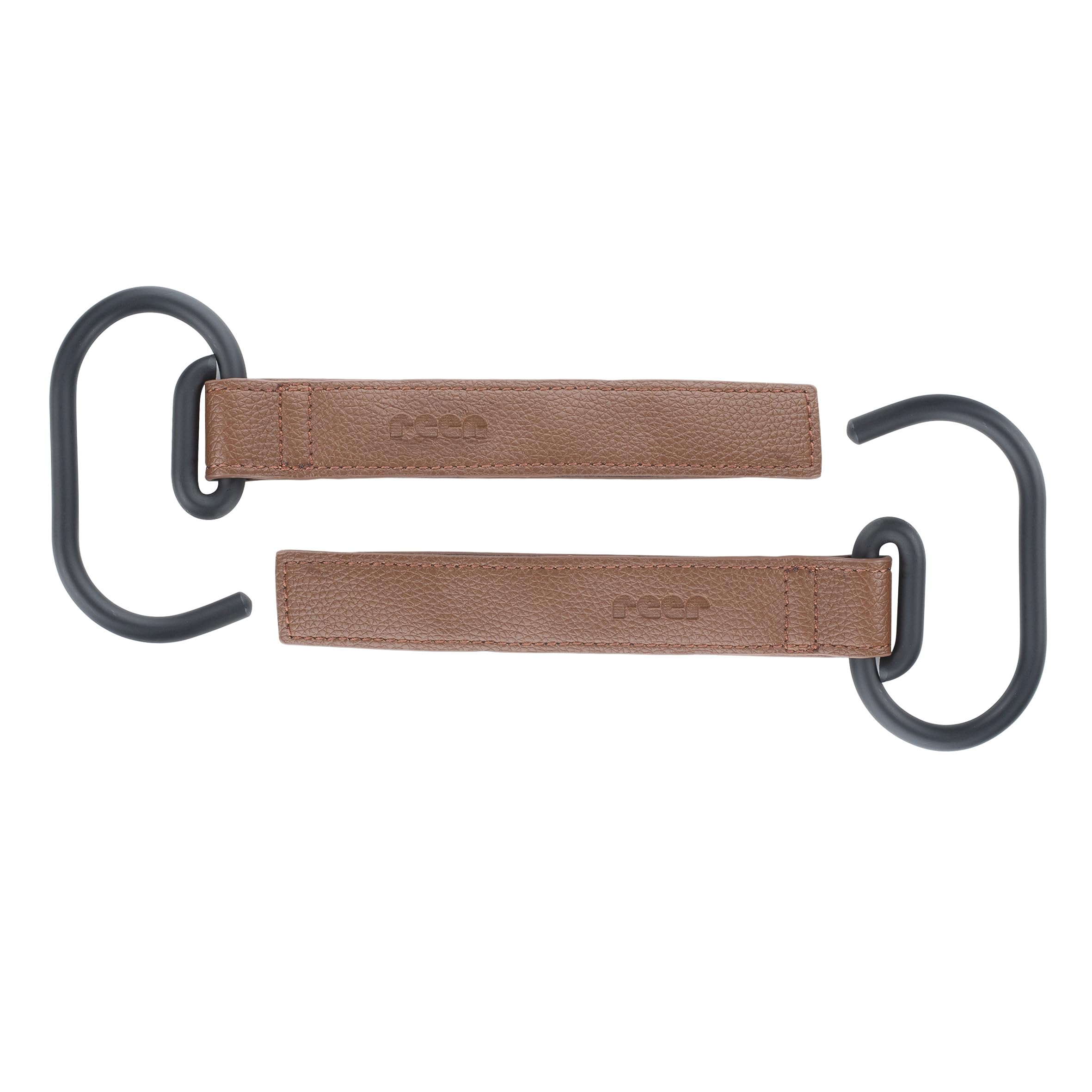 reer CarryHook haczyki do wózka dziecięcego, 2 sztuki, uniwersalne haczyki na torby na pieluchy i torby na zakupy, mocowanie na rzepy, akcesoria do wózków dziecięcych, brązowo-czarne