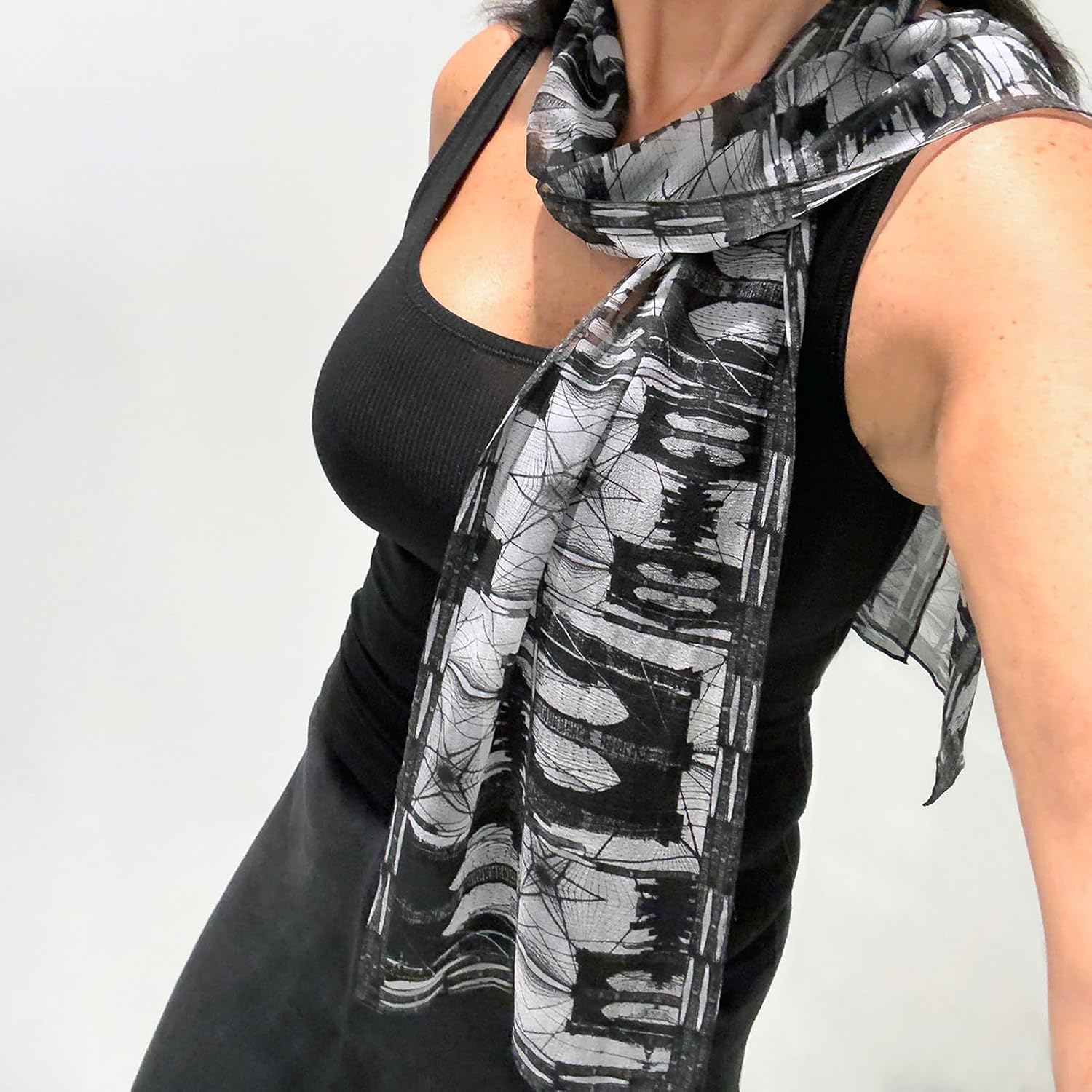 Silk Georgette Scarf, 9" x 63", Brooklyn Bridge Collage Design, Lightweight image 2