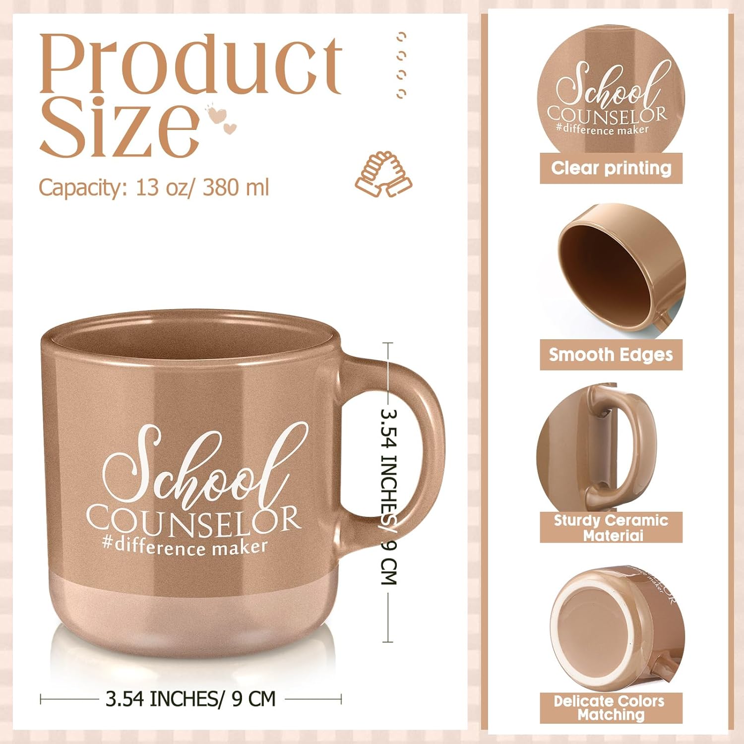 5 Pcs School Counselor Gifts Ideas for Women Men 13oz Ceramic Mug Appreciation Makeup Bag Keychain Leather Notebook Thank You Pens Gift for Guidance Counselor Teacher(Khaki,Classic) - Image 2