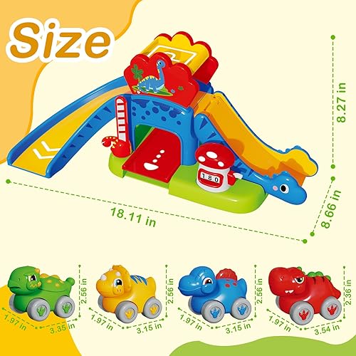 Miniatura 7 de Juguetes para bebés para niños y niñas de 1 año, juego de diapositivas de dinosaurio con 4 coches de empuje de colores y números, juguete de