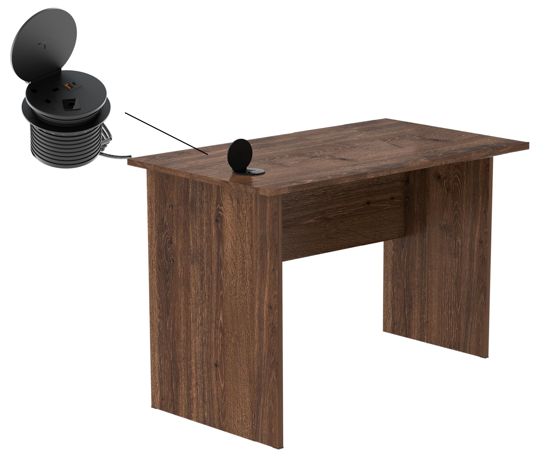 Modern MP1 100x60 Writing Study Table with Without Drawers attached with 51-1H Round Desktop Power Module 1xUSB Slot & 1xEthernet utility port for Office Desk, Confernece Room Table - Brown