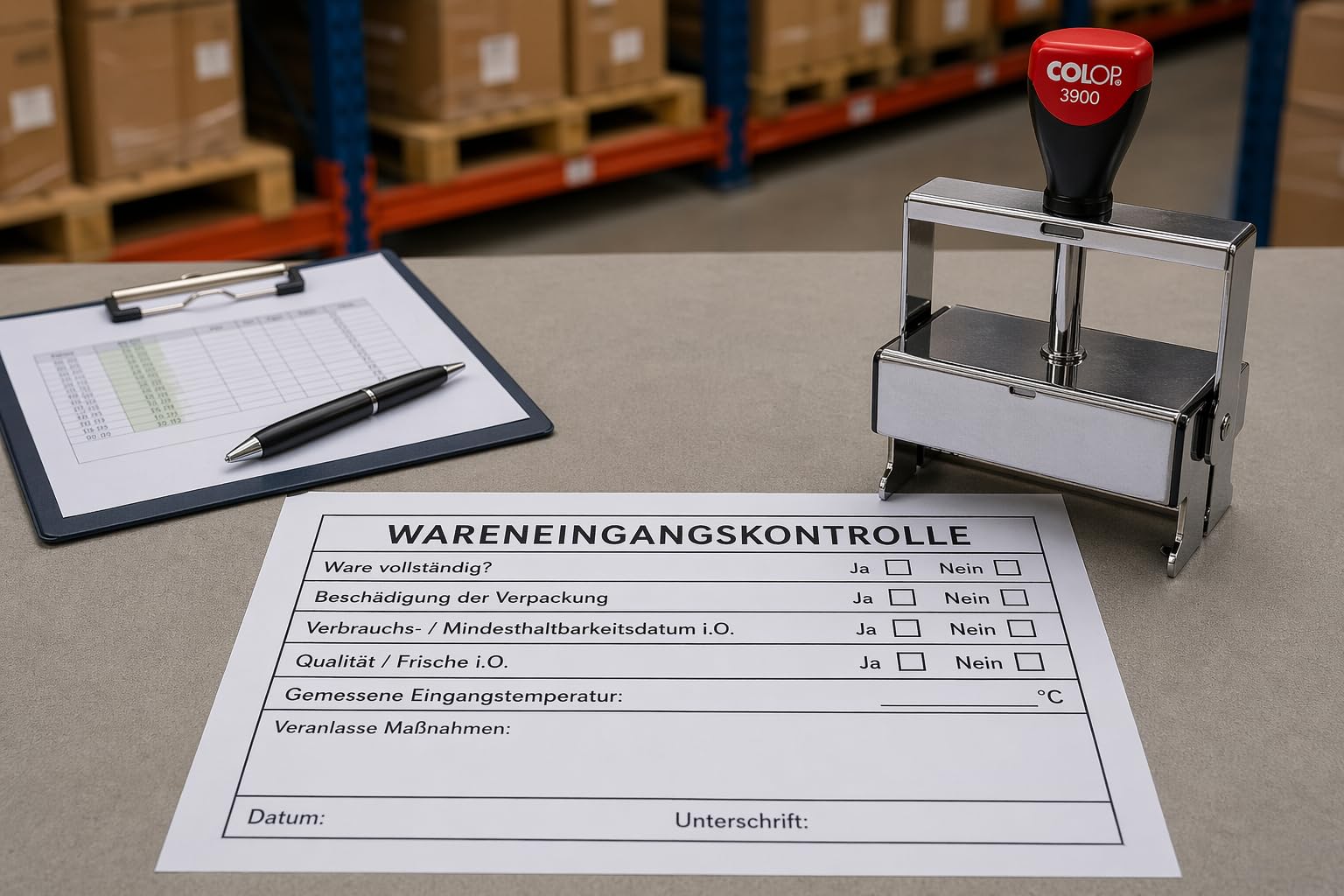 Wareneingangskontrolle Stempel 105x55 mm – Kontrollstempel für Lebensmittel, Temperatur- & Frischeprüfung – COLOP Expert 3900 Profi Lagerstempel für HACCP & Wareneingang