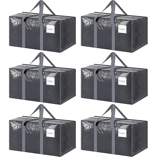 6 Pack Extra Heavy Duty Large Moving Bags with Strong Zipper & Comfortable Handles, Sturdy & Durable Clothes Storage Bags Totes Bins, Packing Moving Boxes for College Supplies, Gray