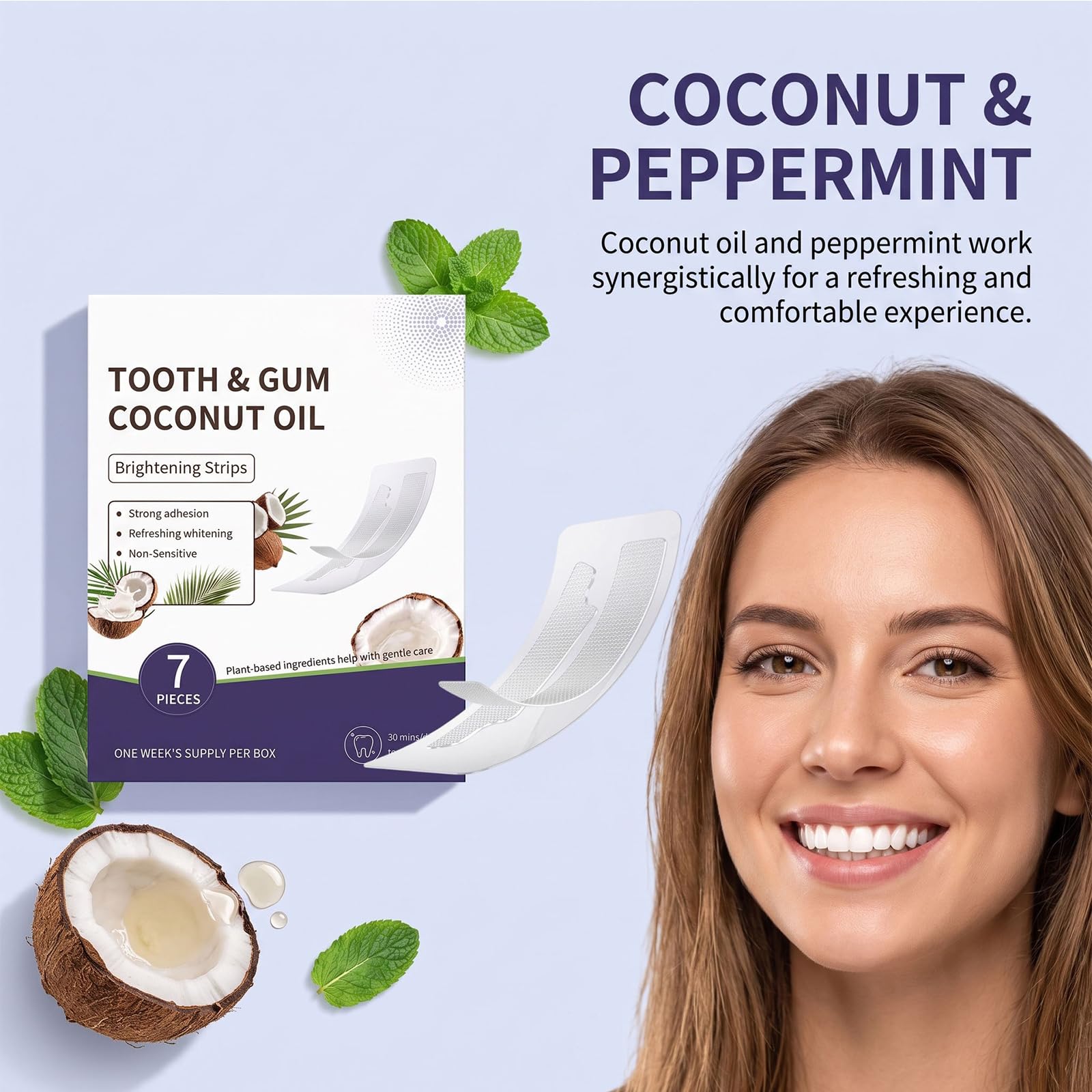 Strisce sbiancanti per denti all'olio di cocco con menta piperita, formula delicata sensibile per la rimozione delle macchie, sbiancante per macchie di fumo di caffè, tè e vino, strisce (10pcs)