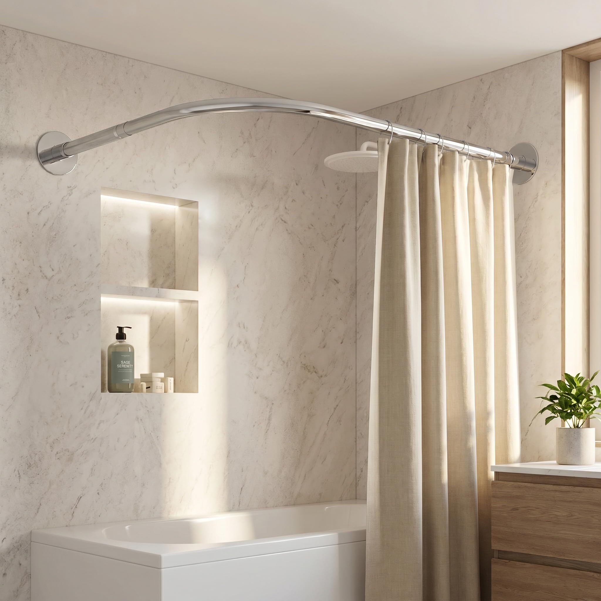 L Shaped Shower Curtain Rail, Adjustable Stainless Steel Corner Shower Curtain Rod, Curved Shower Pole Extendable, For Bathroom, Clothing Store, Private Space,(Size:C 90-130cm x 90-130cm,Color:Silver)