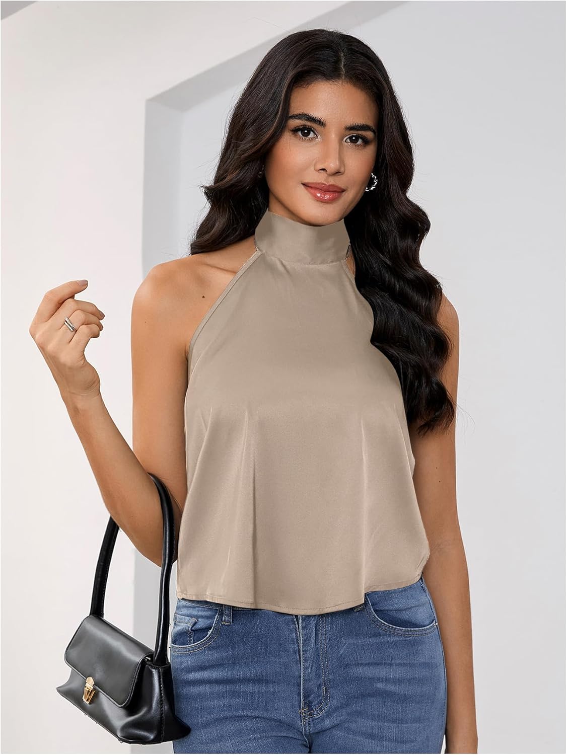 MAKEMECHIC Women's Satin Silk Halter High Neck Tops Backless Sleeveless Camisole Party Club Classy Going Out Top - Image 4