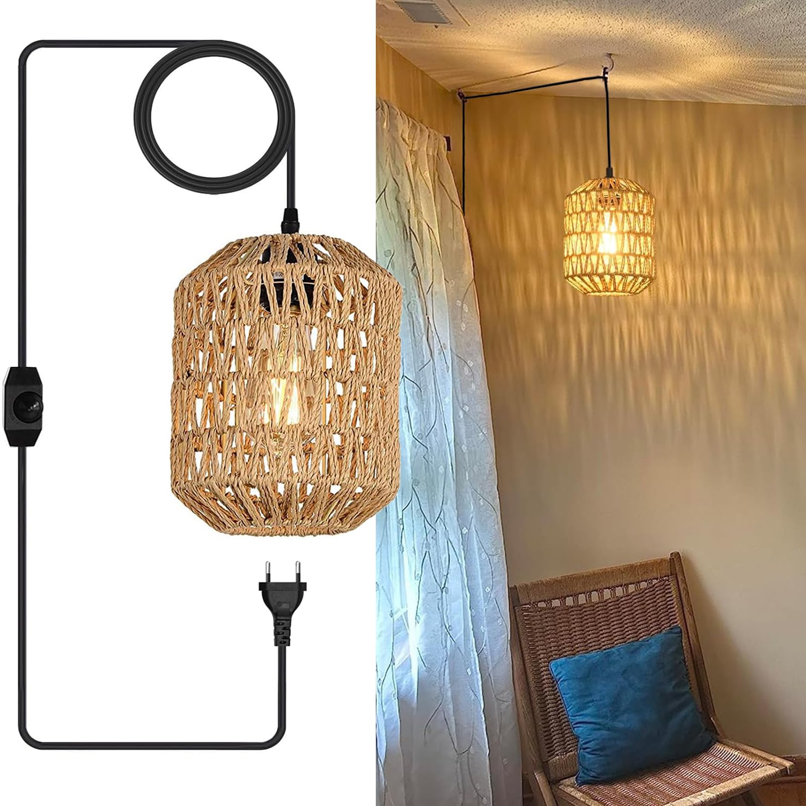 Vintage Hängelampe mit Stecker, E27 Retro Pendelleuchte mit Dimmbar Schalter, DIY Hanfseil Lampenschirm, Ø18cm Indoor/Outdoor Hängeleuchte mit 4.5M Kabel für Schlafzimmer Foyer Balkon, Max.60W