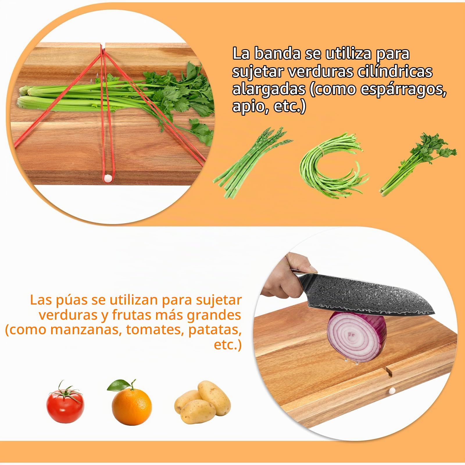 Tabla de cortar adaptativa de madera con pinchos, superficie lisa, tabla de cocina para discapacitados con fondo antideslizante para verduras, frutas y carnes