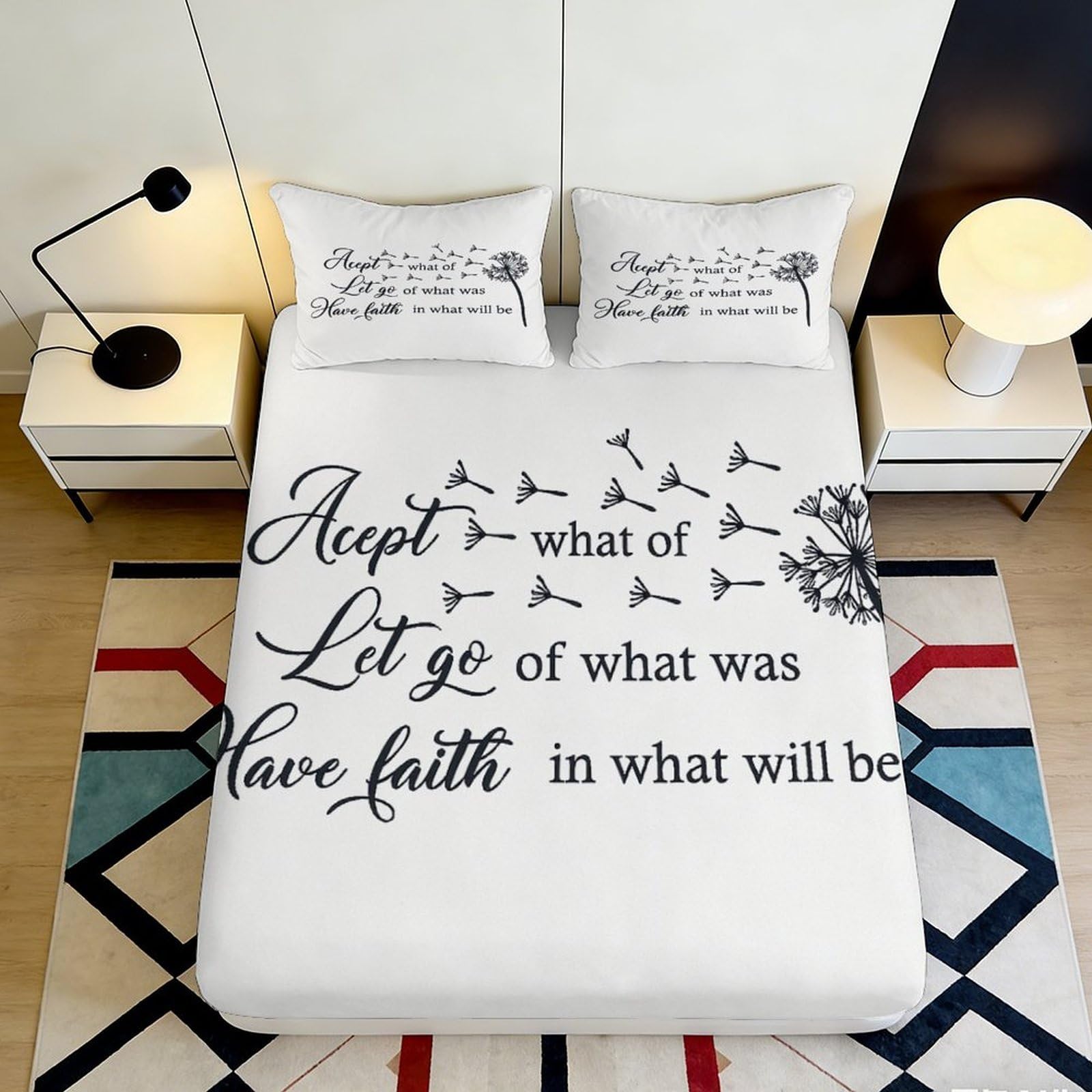 3D Printed Inspirational Quote Fitted Sheet Microfiber Soft Breathable Dandelion Seeds Bed Cover for Bedroom Dormitory Guest Room Mattress Protection 200x200x25cm