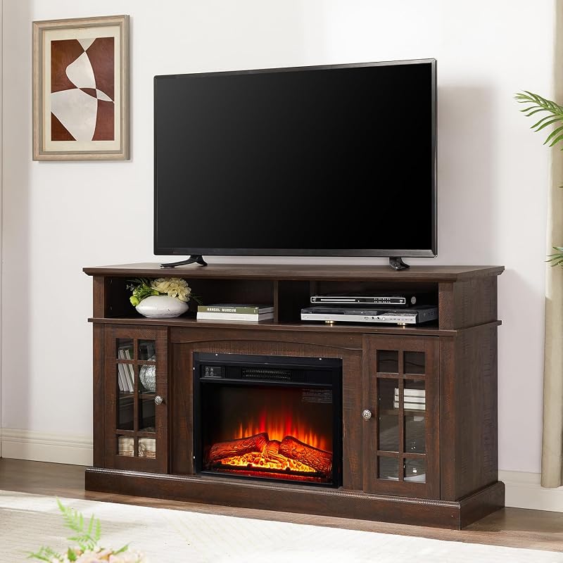 58" Farmhouse TV Stand with 23" Electric Fireplace Heater, Rustic Entertainment Center for TVs up to 65", Multi-Storage Cabinets, Stylish Home Decor for Cozy Living Rooms. (Espresso) image 5