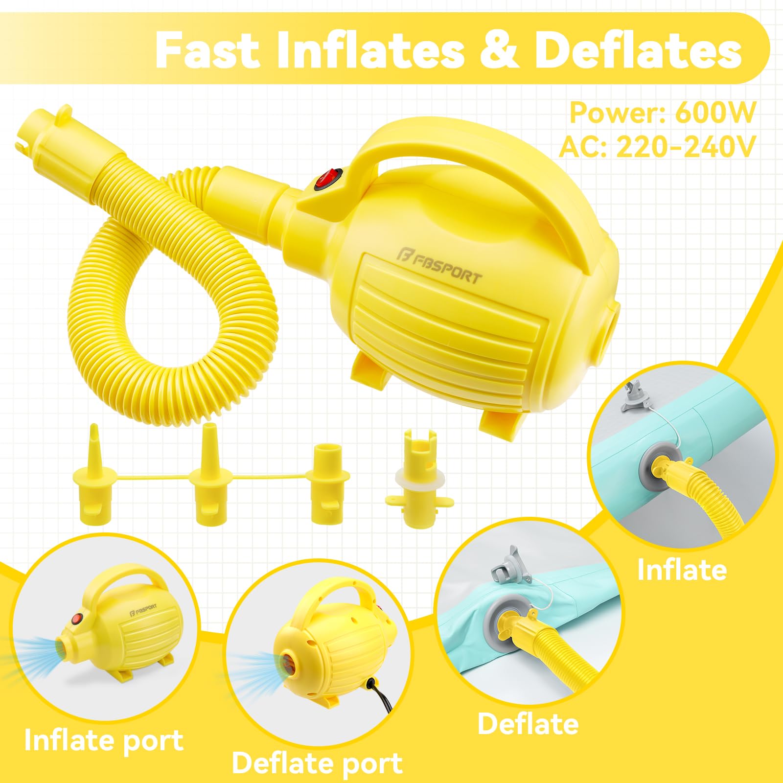 Pompa Gonfiatore Elettrica Portatile 600W con 4 Ugelli per Gonfiare/Sgonfiare, per Materassi Ad Aria, Gommoni, Salvagenti, Palle Yoga, Piscine Gonfiabili | Alimentazione AC 220-240V