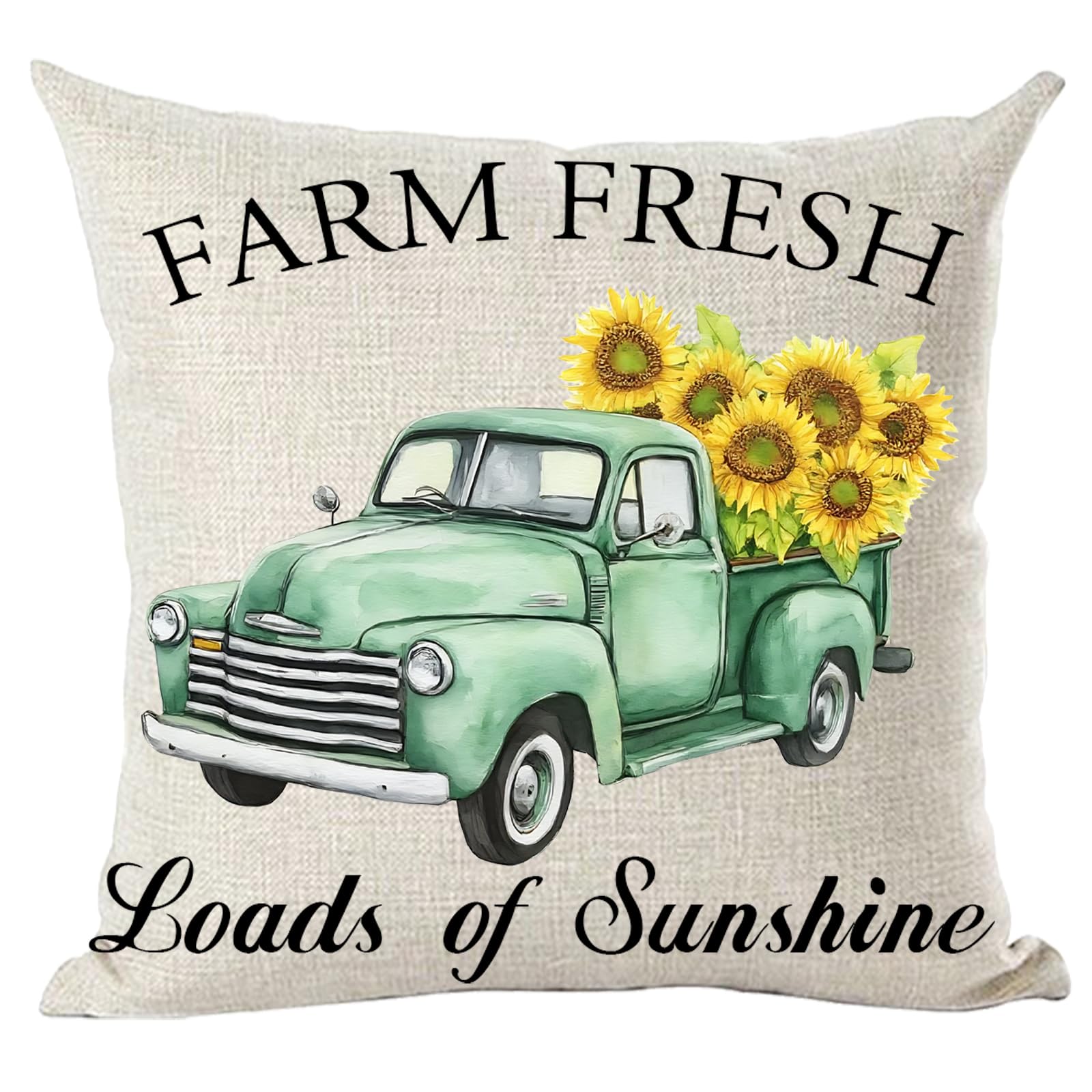 Ramirar Farm Fresh Loads of Sunshine Retro Green Pickup Truck Yellow Sunflowers Summer Decorative Throw Pillow Cover Case Home Living Room Bed Sofa Car Cotton Linen Square 18 x 18 Inches-image-14