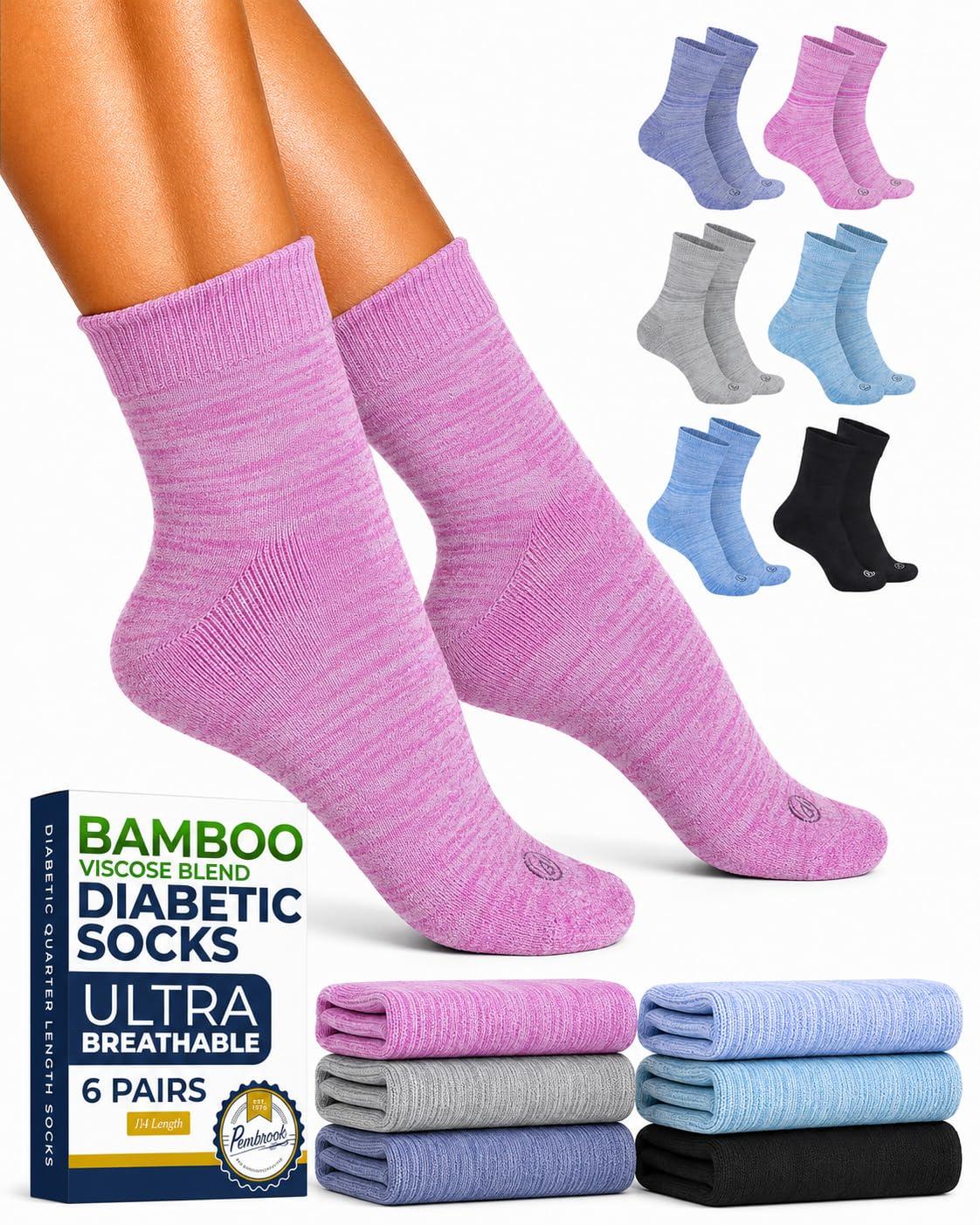 Pembrook® Bamboo Viscose Diabetic Socks for Women and Men - 6 Pairs