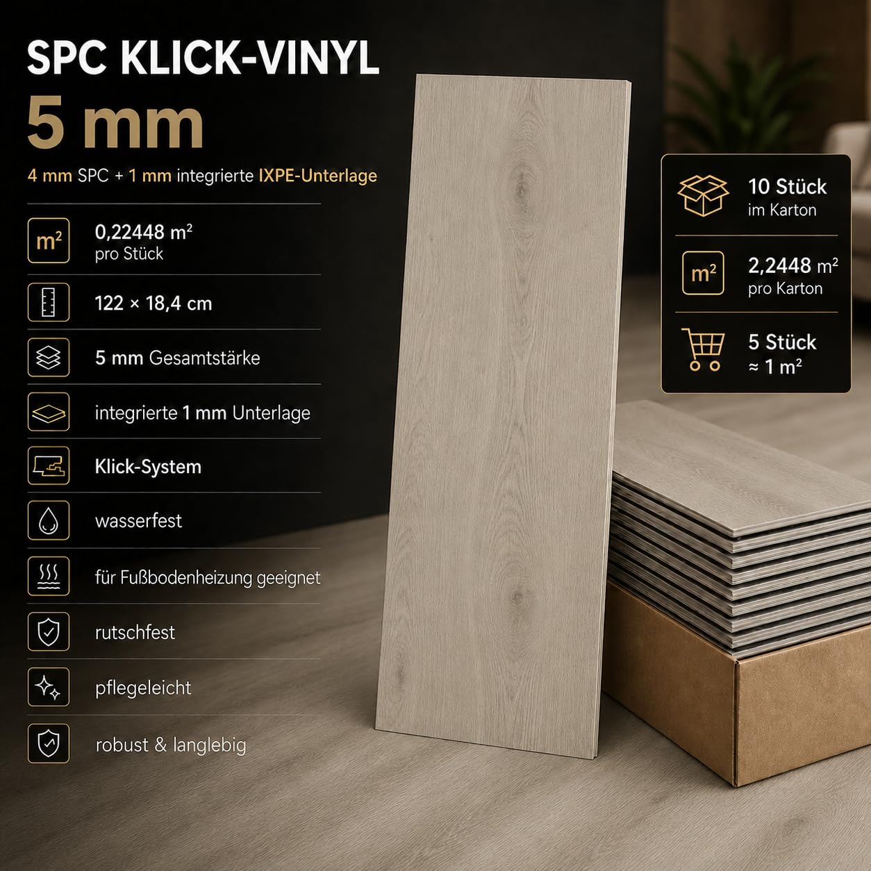SPC - Pavimento in vinile Klick, 5 mm, 10 assi da 2,25 m², 122 x 18,4 cm, impermeabile, con base IxPE da 1 mm integrato (Izmir, Box 2,25 m²)