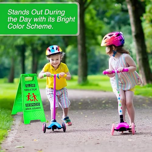 Miniatura 7 de 2 letreros de seguridad para niños en juego lento, texto y gráficos de doble cara, letreros de advertencia para jugar en la calle, vecindarios,