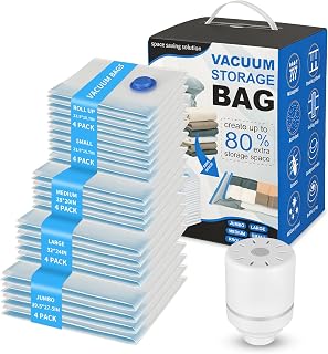 Vacuum Seal Bags for Clothing Travel & Home Storage, Travel Vacuum Bags with Pump,Space Saver for Blankets, Comforters, Pillows, Clothes, 20 Combo with Electric Pump, Saving up to 80% of Space