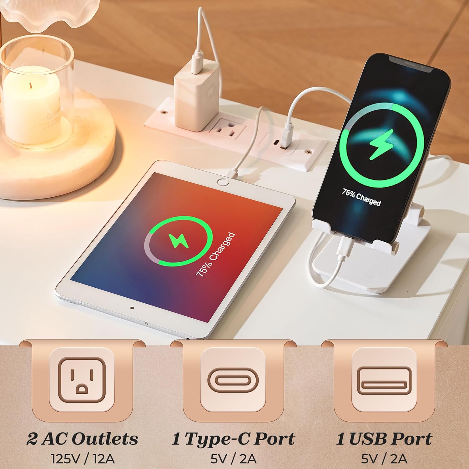 Huuger Nightstand with Charging Station, White Nightstand with 2 Drawers, Bed Side Table for Bedroom, Bedside Table with Storage, Modern Nightstands, Metal Knobs, Painted Surface